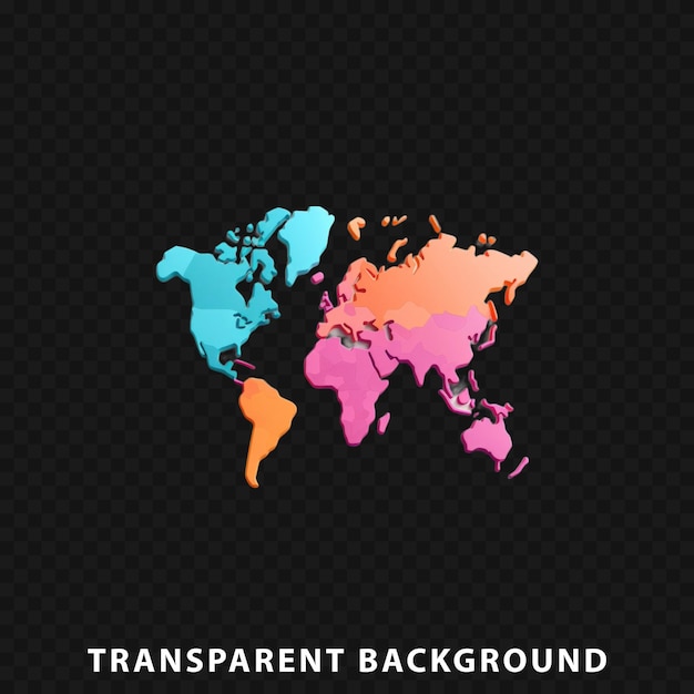 3d render map of the world isolated on transparent background
