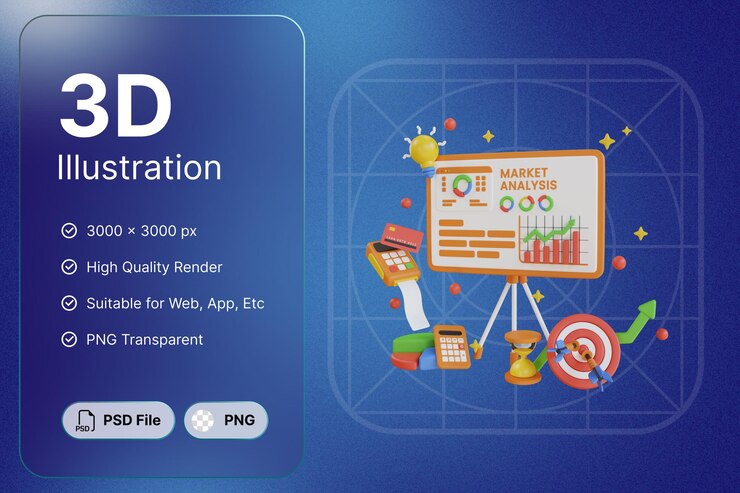 PSD 3d render market analysis bussiness object interactive