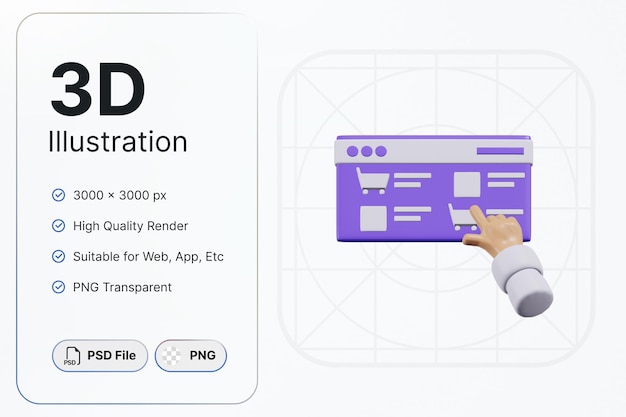 PSD 3d render marketing website with hand center view marketing concept modern icon illustrations design