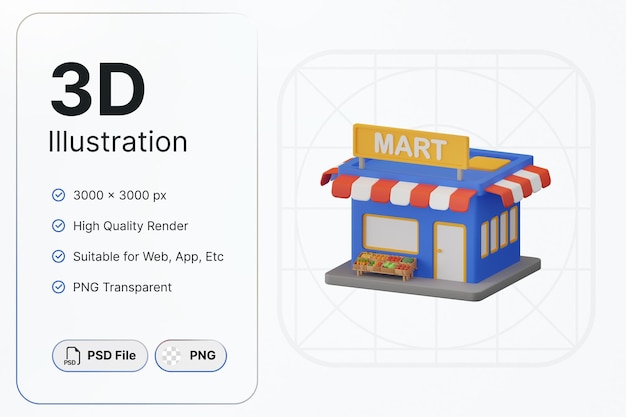 PSD 3d 렌더링 마트 쇼핑 식료품 개념 현대 아이콘 일러스트 디자인