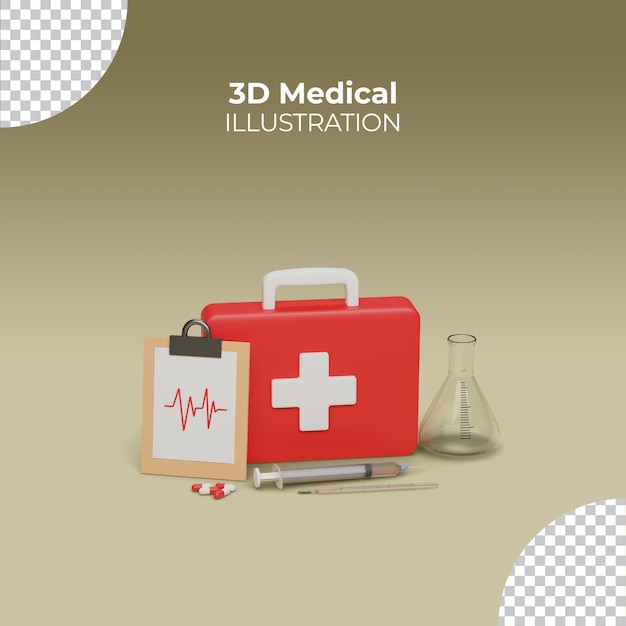 3d render medical equipment concept with first aid kit