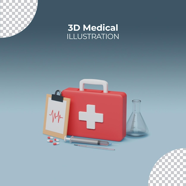 3d render medical equipment concept with first aid kit