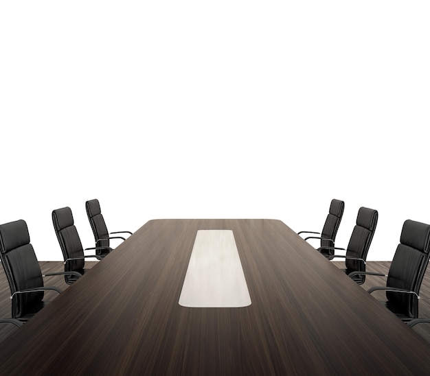 3d render of meeting room with wooden table and black armchairs isolated on transparent background