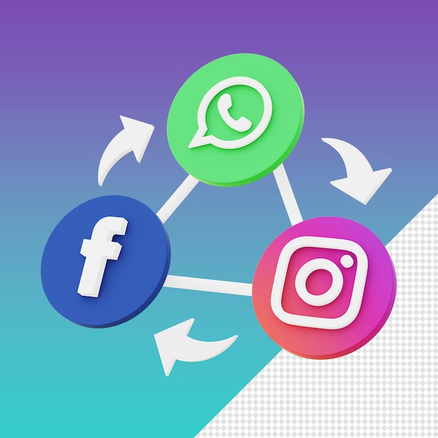 3d-рендеринг мета-иконок социальных сетей, facebook, whatsapp, instagram, шаблон для веб-интерфейса и дизайна ui ux