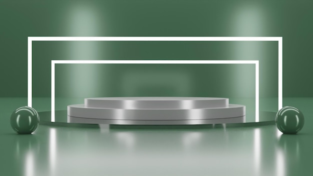PSD 3d визуализация металлического подиума с мячами на зеленом фоне