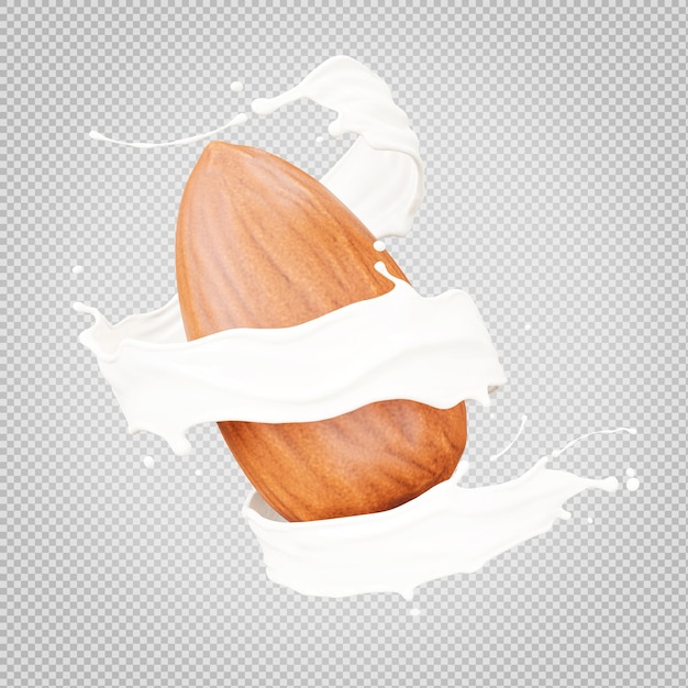 3d render of milk splashing spiral shape with almond on transparent background