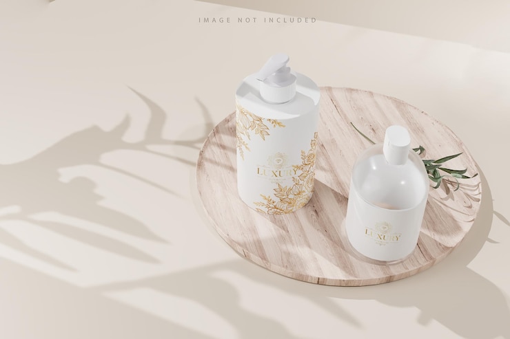 PSD 3d render mock up a set of aroma spa products container on a natural wooden plate