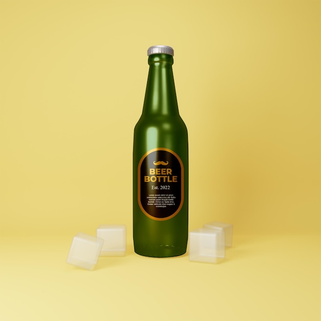 3d render mockup beer bottle with ice cube