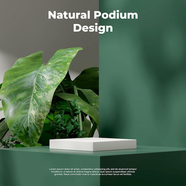 녹색 받침대, 태양 그림자 및 식물이 있는 흰색 연단의 3d 렌더링 모형 템플릿