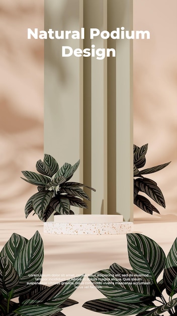 3d render mockup white terrazzo podium with pink stripe calathea and green wall in portrait