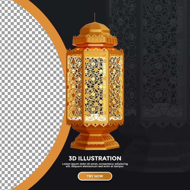 PSD 3d render modeling lantern in gold color