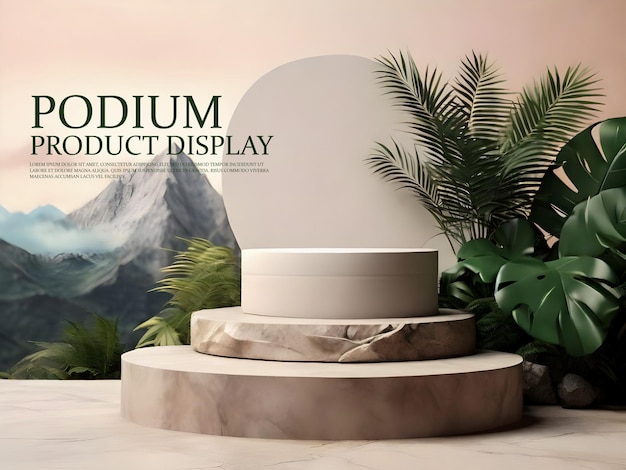 PSD 3dレンダリング 現代のミニマルモックアップ ロックマウンテンでのポディウム 熱帯植物の背景