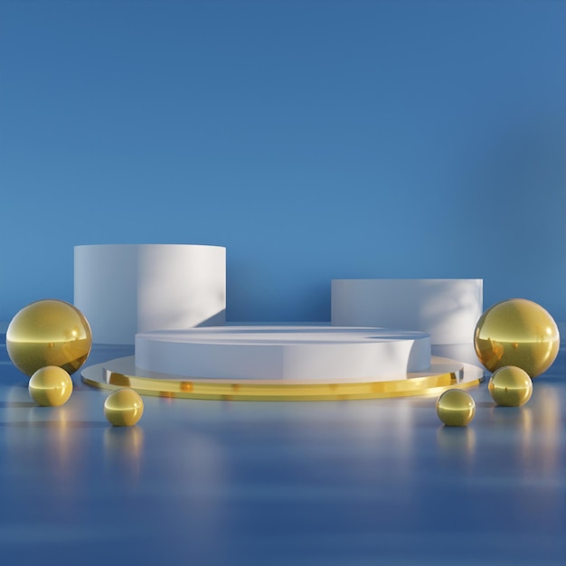 파란색 배경에 공이 있는 3d 렌더링 현대 흰색 연단 제품 스탠드
