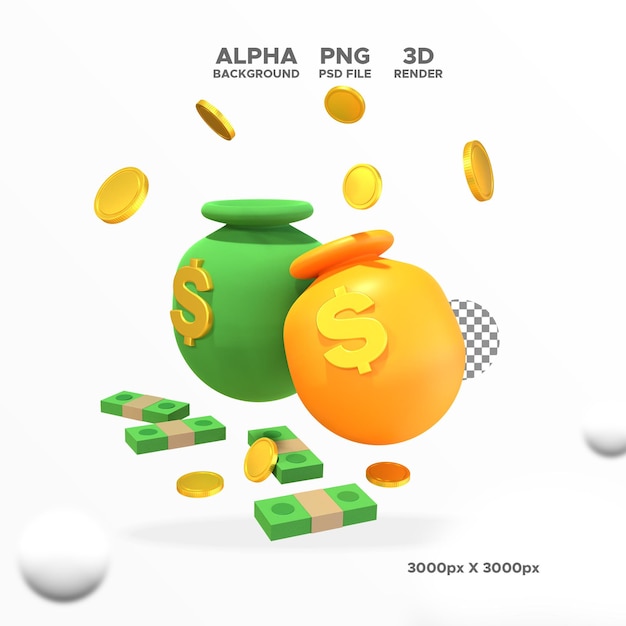 3d render moneys with sacks icon for design illustration isolated object