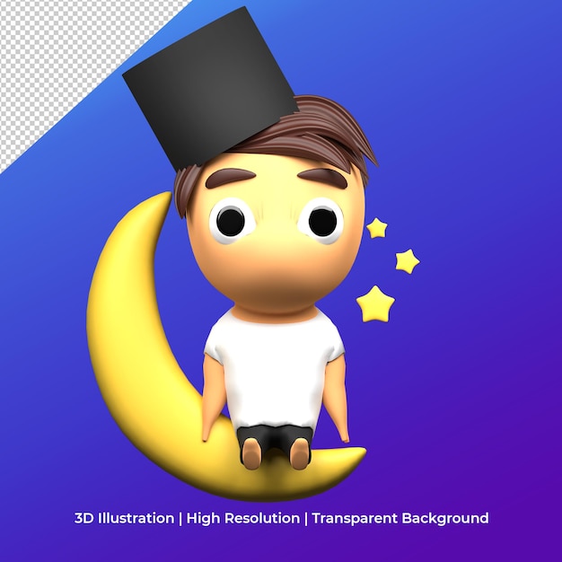 PSD 3d render moslem boy with prayer cap sitting in crescent moon with floating stars ramadan concept