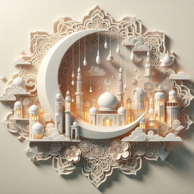 PSD 3d render mosque illustration isolated on white background beautiful scenery eid mubarak theme