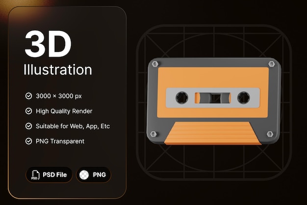PSD 3d 렌더링 음악 카세트 음악 스튜디오 개념 현대 아이콘 그림 디자인