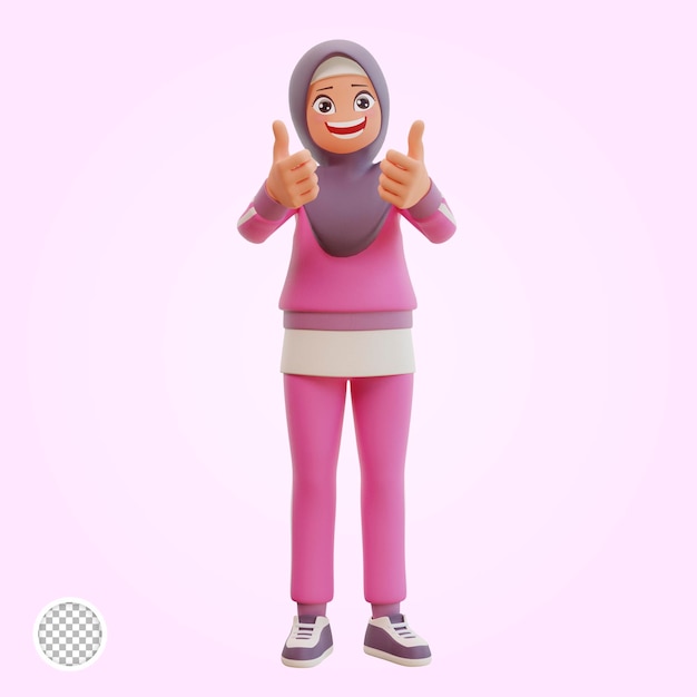 3d render muslim woman sporty showing thumbs up