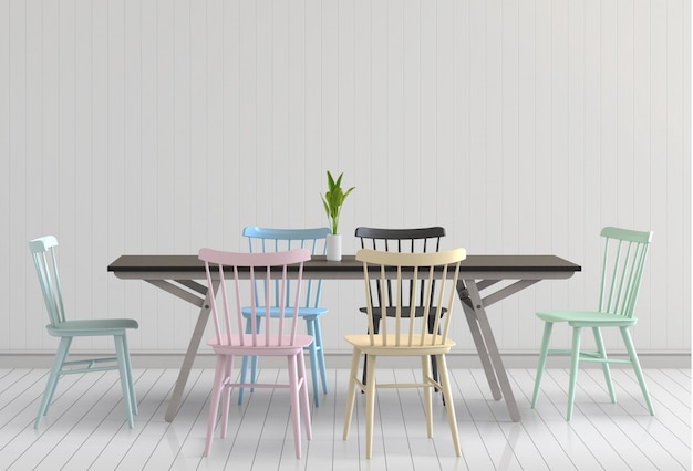 PSD 3d render of neutral interior with table chairs empty wall background.