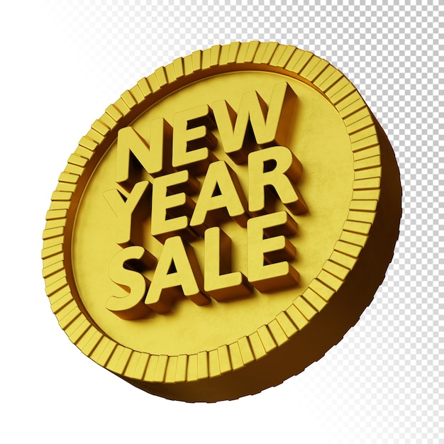 PSD 3d render of new year sale promotion with golden bold circular badge isolated