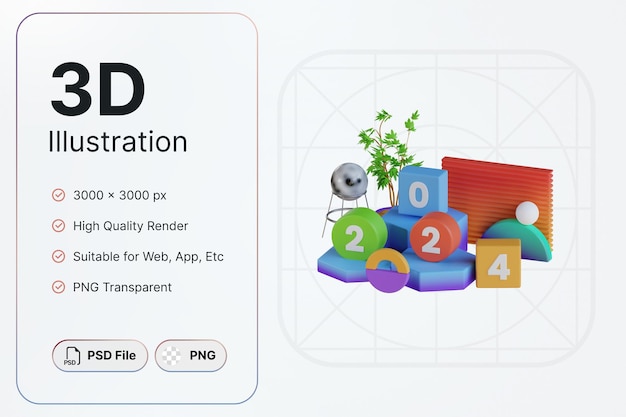 PSD 3d 렌더링 새해 기하학적 2024 개념 현대적인 디자인