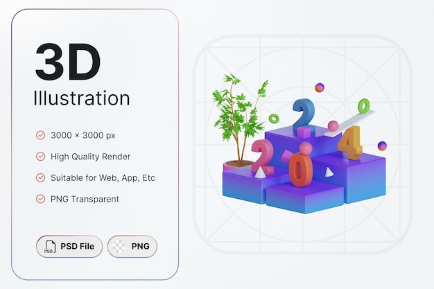 PSD 3d render nieuwjaar 2024 concept modern design