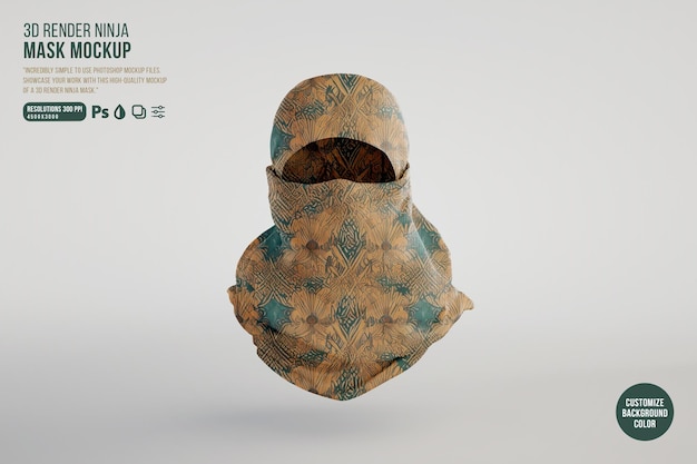 PSD una vista frontale del mockup della maschera ninja con rendering 3d