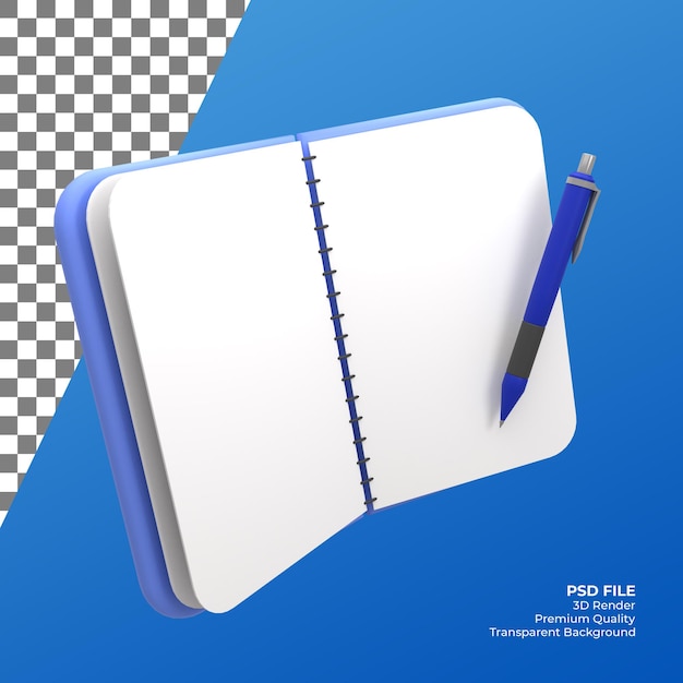 3d render notebook e illustrazione della penna