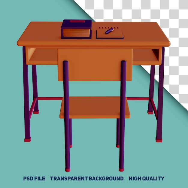3d render notebook and pen on the school desk and chair  premium psd