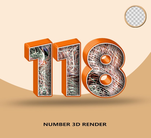 PSD rendering 3d numero 118 linea arancione lucida con linea d'onda astratta