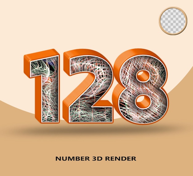 3d render number 128 line orange glossy with abstract wave line