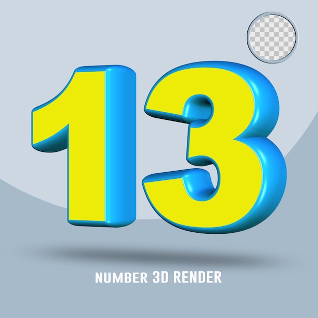 Rendering 3d numero 13 colore azzurro giallo