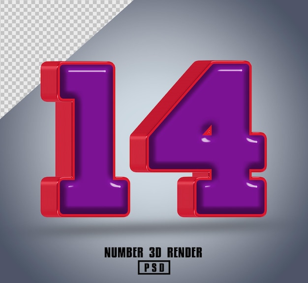 PSD rendering 3d numero 14 colore rosso viola lucido