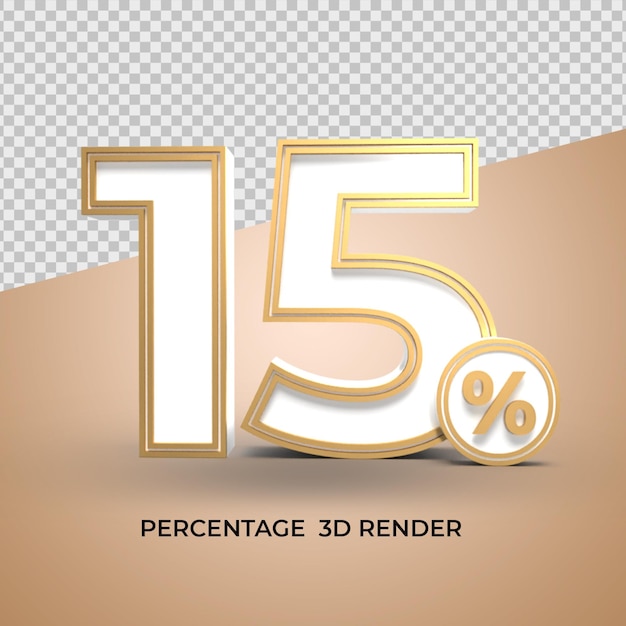 3d render number 15 percentage white and  gold discount  sale