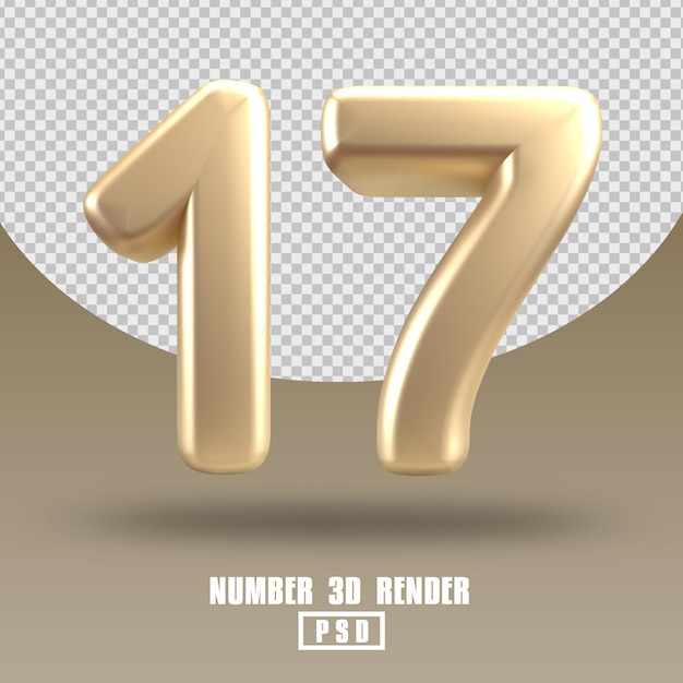 Rendering 3d numero 17 in stile oro