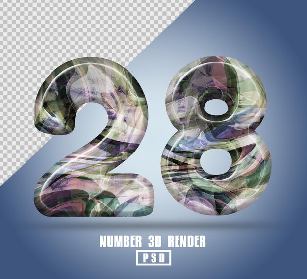 Rendering 3d numero 28 con colore texture liquido astratto