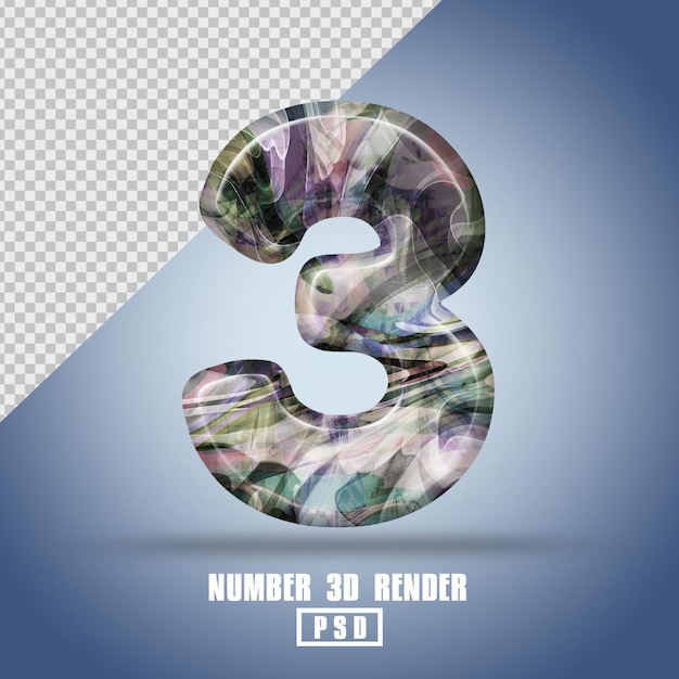 3D render number 3 with abstract liquid texture color