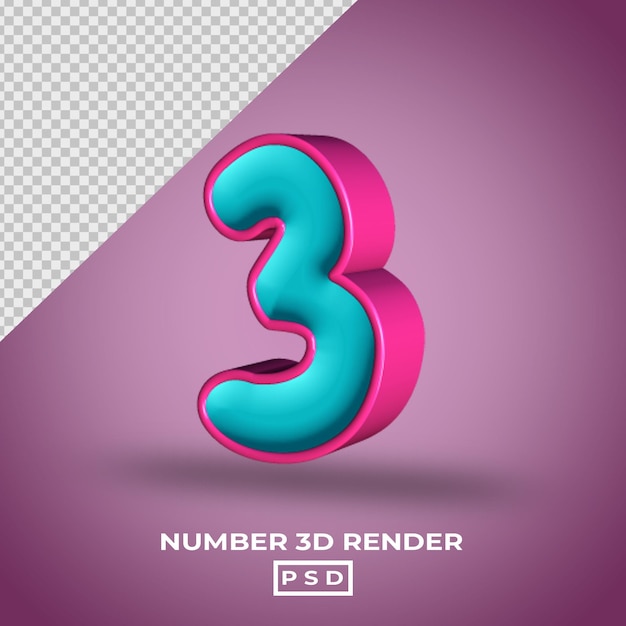 3D render number 3 with tosca magenta color