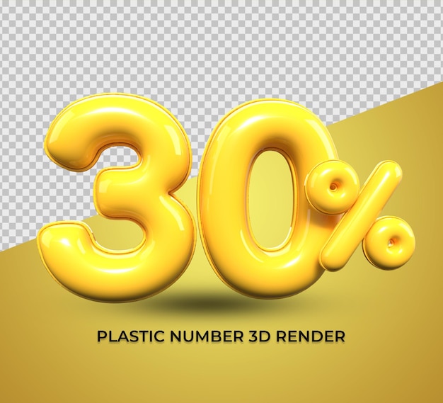 3d rendering numero 30% plastica gialla per sconto vendita, progresso