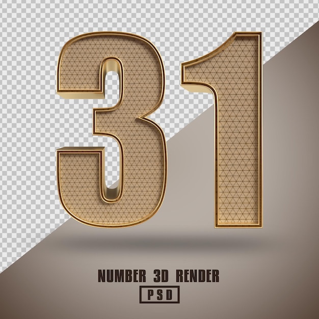 3d render number 31 wood and gold style