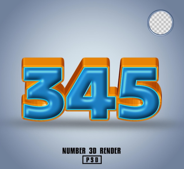 PSD rendering 3d numero 345 blu e linea arancione lucida