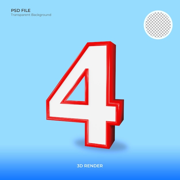 3D Render of the Number 4 with Red Border and White Fill