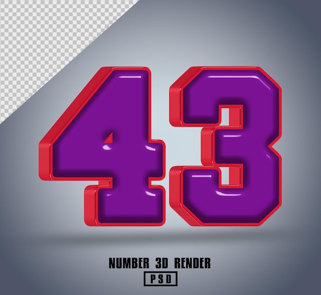 PSD rendering 3d numero 43 colore rosso viola lucido