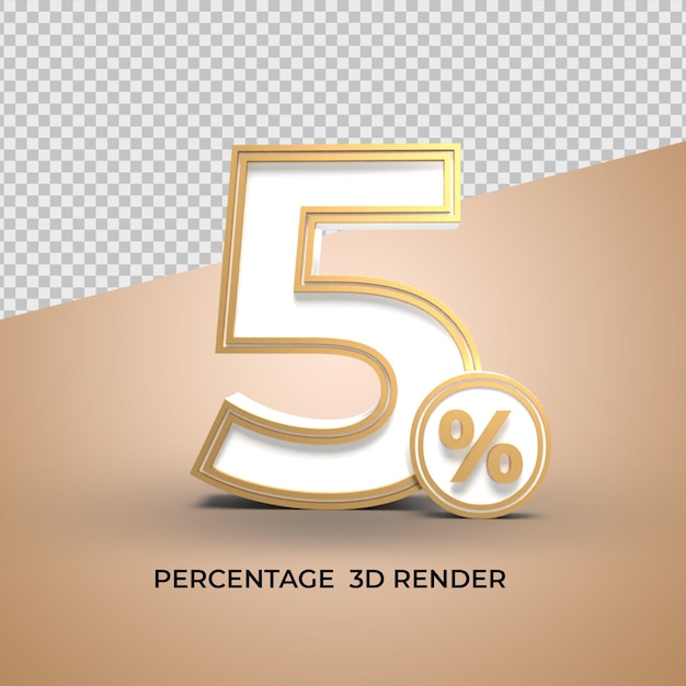 3D Render Number 5 Percentage white and  Gold discount  sale