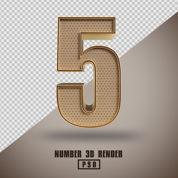 3d render number 5 wood and gold style