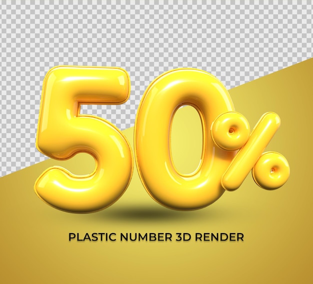 3d рендер номер 50 процентов желтого пластика на продажу со скидкой, прогресс