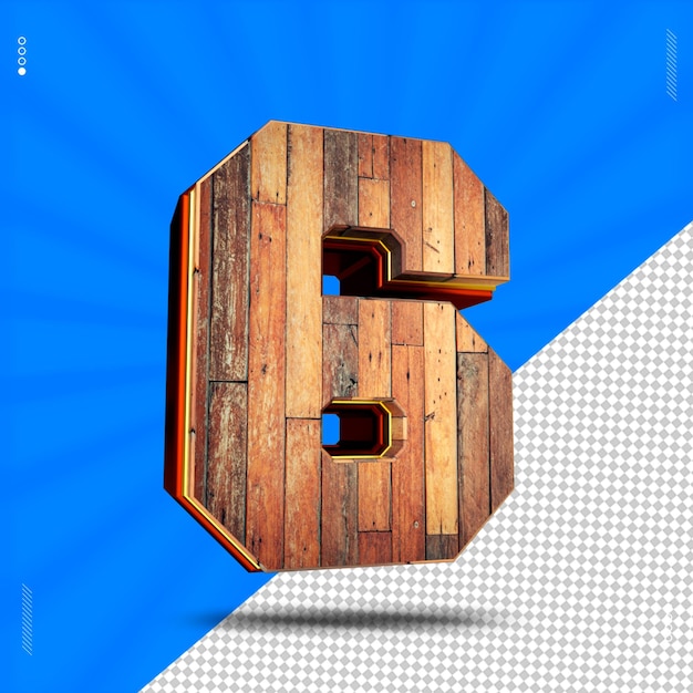 PSD 3d render number 6 font wood