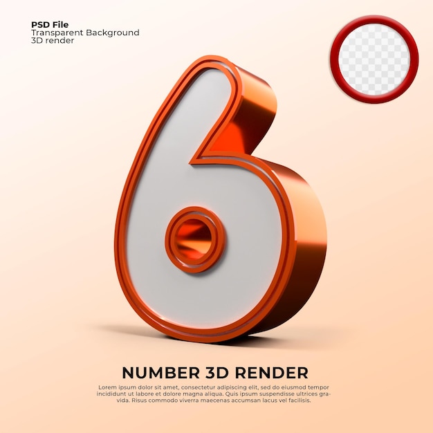 3d Render number 6 orange color