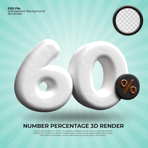 PSD percentuale di rendering 3d numero 60 per lo sconto sull'avanzamento del colore bianco target