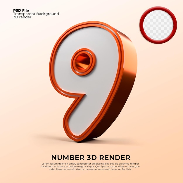 PSD 3d rendering numero 9 di colore arancione